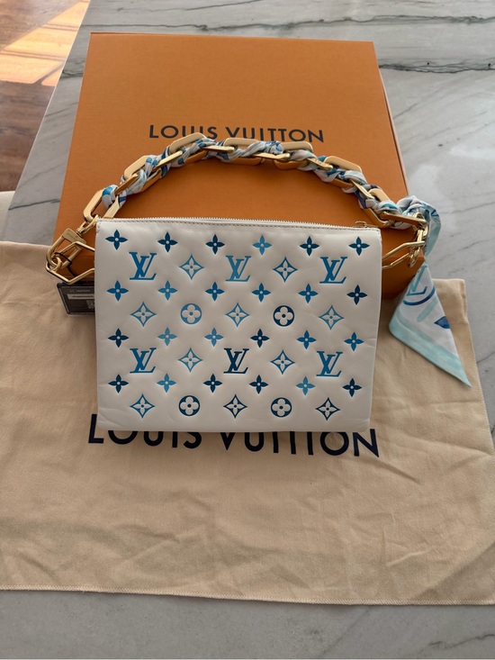 Louis Vuitton Handbags - Louis Vuitton Coussin PM By The Pool M11225 Blue White Scarf Chain Authentic